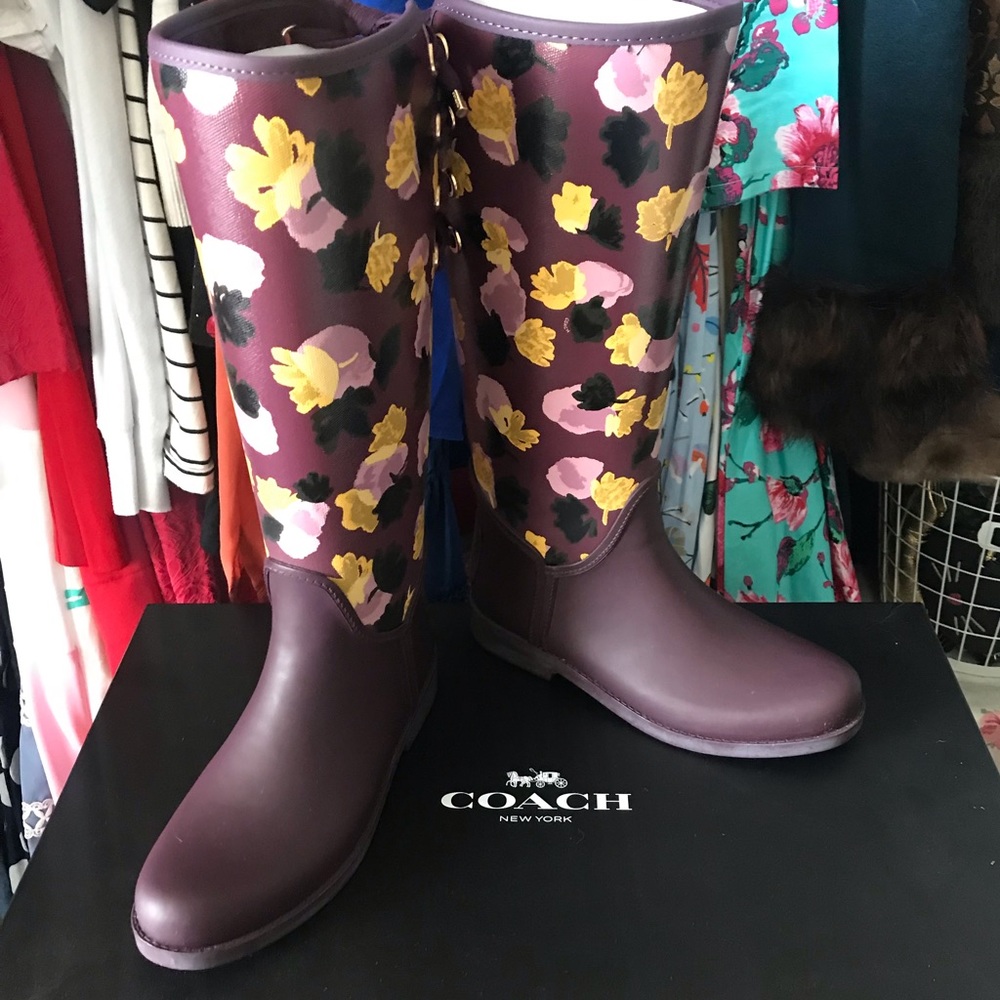 Coach Tristee Purple Floral Lace up Tall Boots
